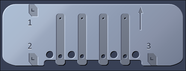 rectangular plate with five vertical slotted tabs, a row of round holes, numbered 1–3 and L labels