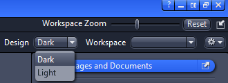 'Workspace Zoom' slider with 'Design' dropdown set to Dark and 'Workspace' label