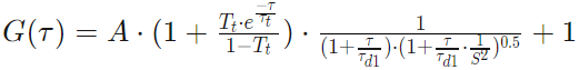 G(τ)=A·(1+T_t·e^{-τ/τ_t}/(1-T_t))·1/((1+τ/τ_d1)·(1+τ/τ_d2/S^2)^0.5)+1