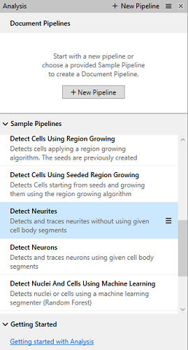 Analysis panel with Sample Pipelines list, 'Detect Neurites' highlighted, and +New Pipeline button