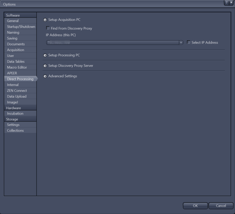 Options: Setup Acquisition PC with 'Find From Discovery Proxy' unchecked, blurred IP field and collapsed Processing and Discovery panels