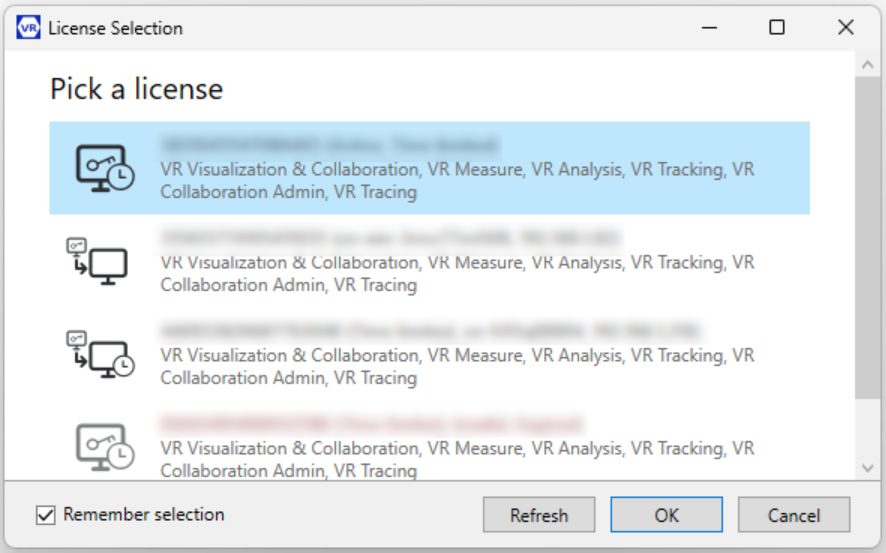 License Selection dialog Pick a license with highlighted entry, Remember selection checkbox, OK/Cancel buttons