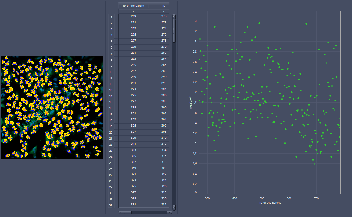 Microscopy image with many yellow-outlined cells at left, center table titled 'ID of the parent', right scatter 'Area' vs 'ID of the parent'