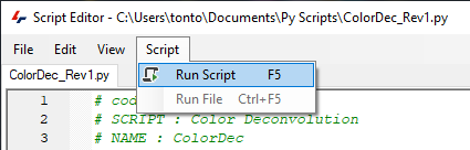 Script Editor window showing 'Run Script F5' menu highlighted and file ColorDec_Rev1.py in title bar