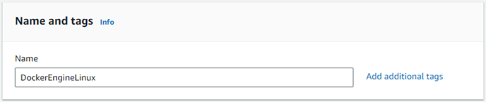 Name and tags section showing Name field populated with DockerEngineLinux and Add additional tags link