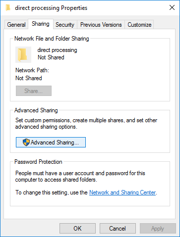Properties window for folder 'direct processing' Sharing tab showing Not Shared and Advanced Sharing button