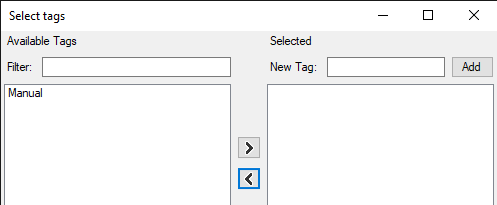 Select tags dialog showing 'Available Tags' list with 'Manual', arrow buttons, empty 'Selected' panel and 'New Tag' field.