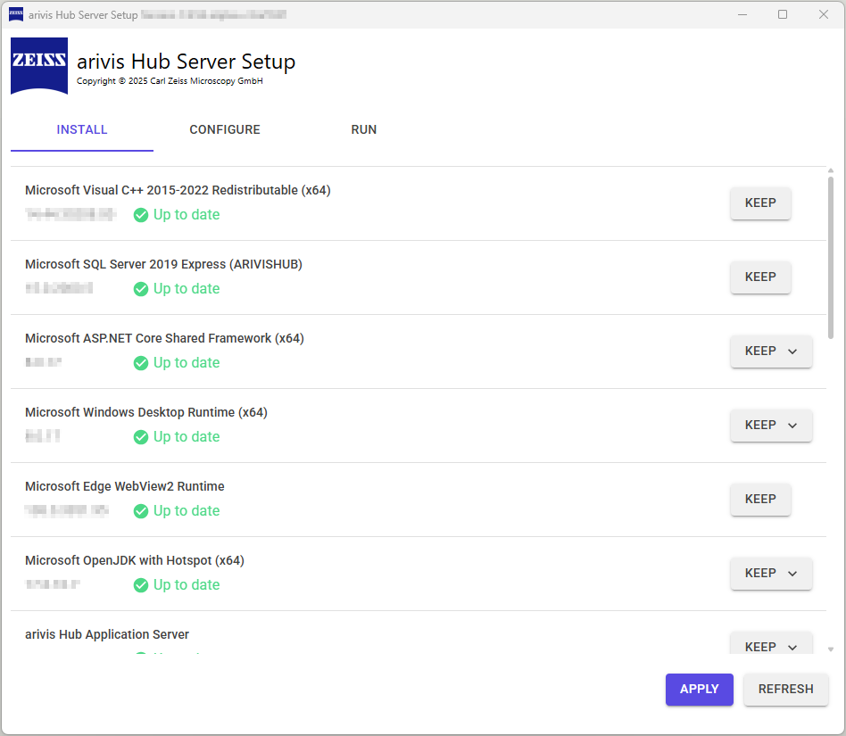 arivis Hub Server Setup INSTALL tab showing component list with 'Up to date' status, KEEP buttons, and Apply/Refresh