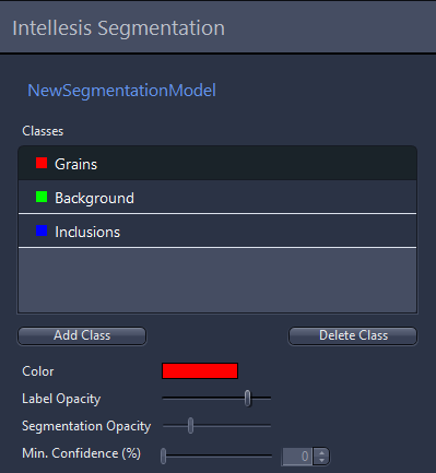 Intellesis Segmentation: NewSegmentationModel Classes — Grains(red), Background(green), Inclusions(blue); color/opacity