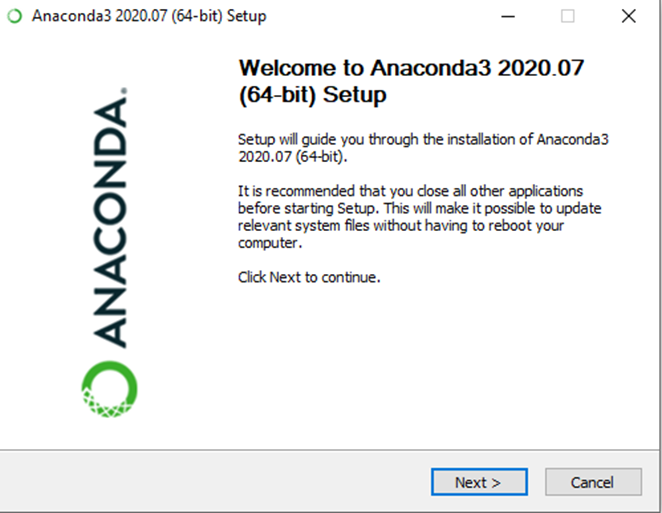 Welcome to Anaconda3 2020.07 (64-bit) Setup window showing setup text and Next button