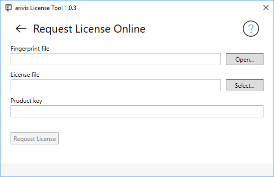 arivis License Tool 1.0.3 'Request License Online' form with Fingerprint file Open, License file Select and Product key field