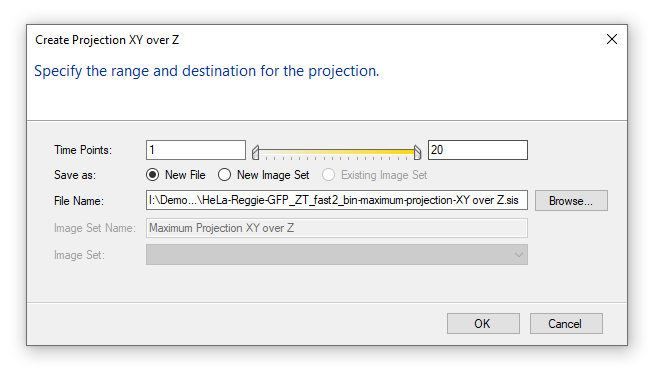 Create Projection XY over Z dialog showing Time Points range, Save as options and File Name field