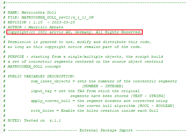 commented script header showing NAME: Matrioshka Doll and Copyright(c) 2021 arivis AG, Germany.