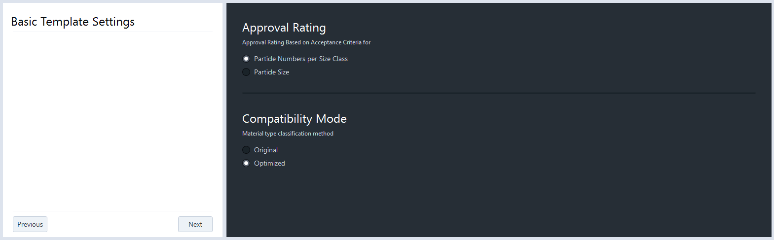 Left Basic Template Settings panel; right dark Approval Rating and Compatibility Mode showing Particle Numbers and Optimized