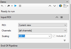 Demo window showing 'Ready to run' and Input ROI panel with ROI: Current view; Channels: [all channels]; Scaling: 100%