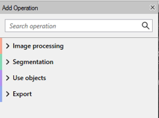 Add Operation dialog with search box and list items 'Image processing', 'Segmentation', 'Use objects', 'Export'
