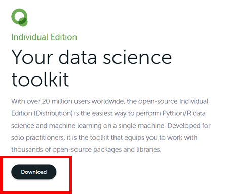 Anaconda Individual Edition page titled Your data science toolkit with a Download button