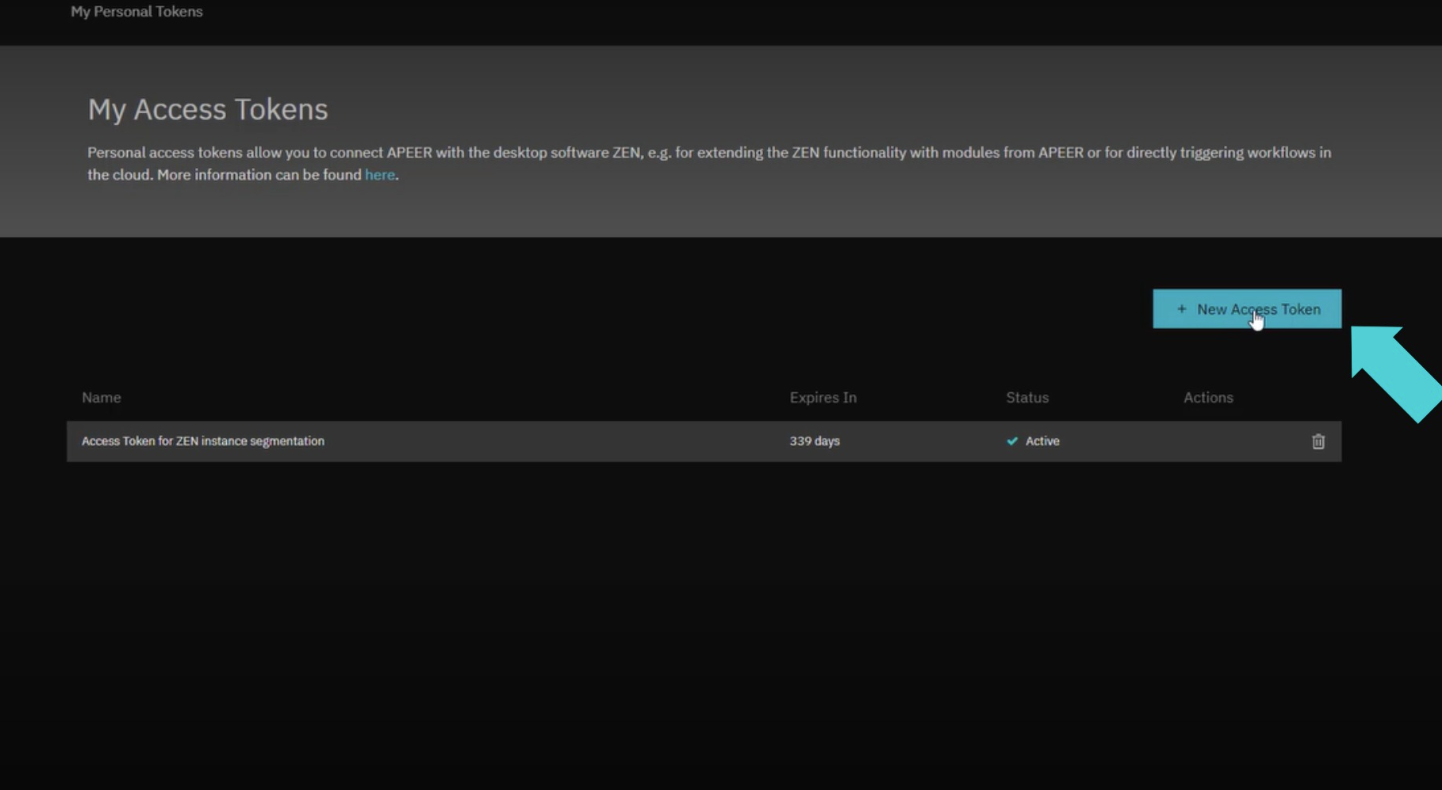 My Access Tokens page listing 'Access Token for ZEN instance segmentation' expiring in 339 days, status Active, and '+ New Access Token' button