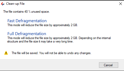 Clean-up File dialog shows 'The file contains 40 % unused space.' with Fast and Full Defragmentation options and warning