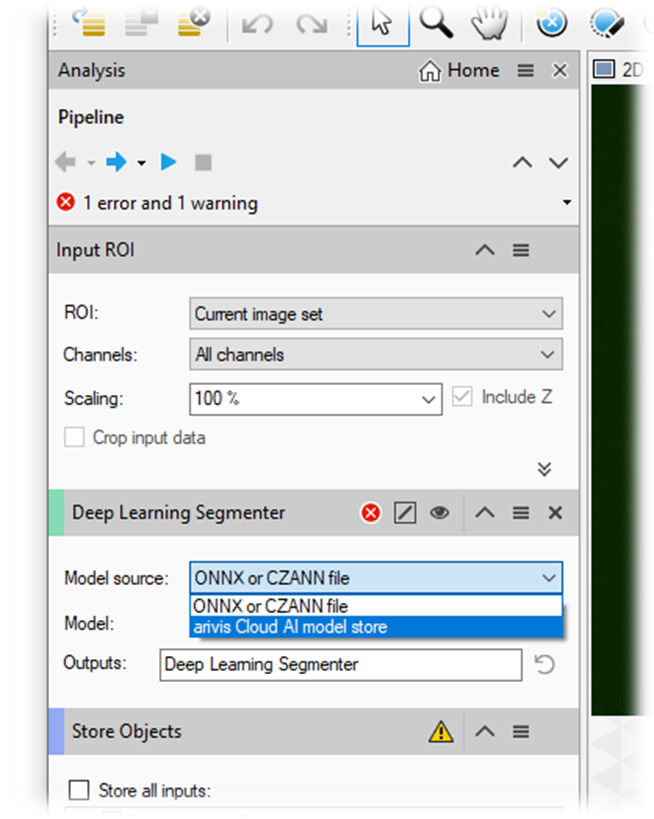Analysis panel showing Deep Learning Segmenter with 'Model source: ONNX or CZANN file' dropdown