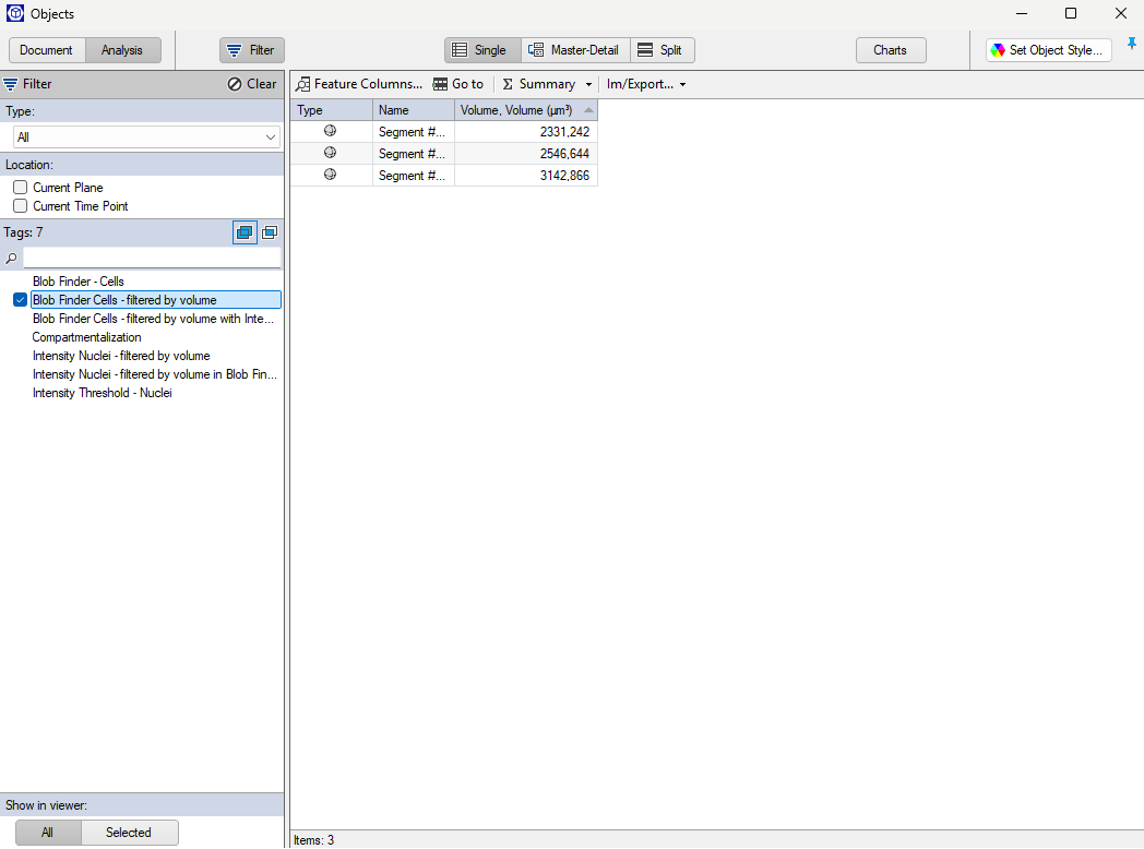 Objects dialog with left Filter showing 'Blob Finder Cells - filtered by volume' and table listing Segment # rows with volumes 2331,242; 2546,644; 3142,866