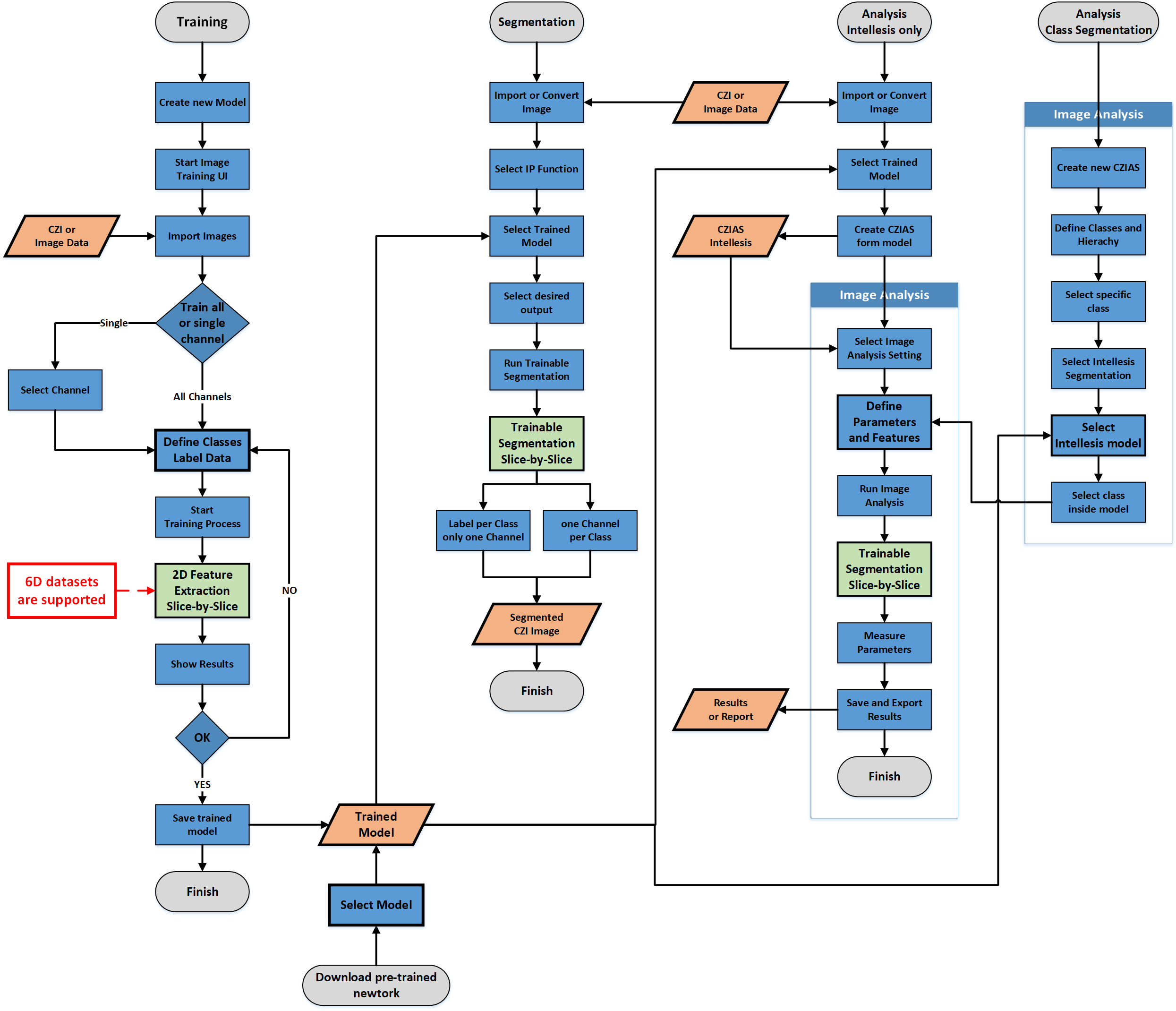 Intellesis workflow flowchart showing Training, Segmentation, Image Analysis and Class Segmentation processes