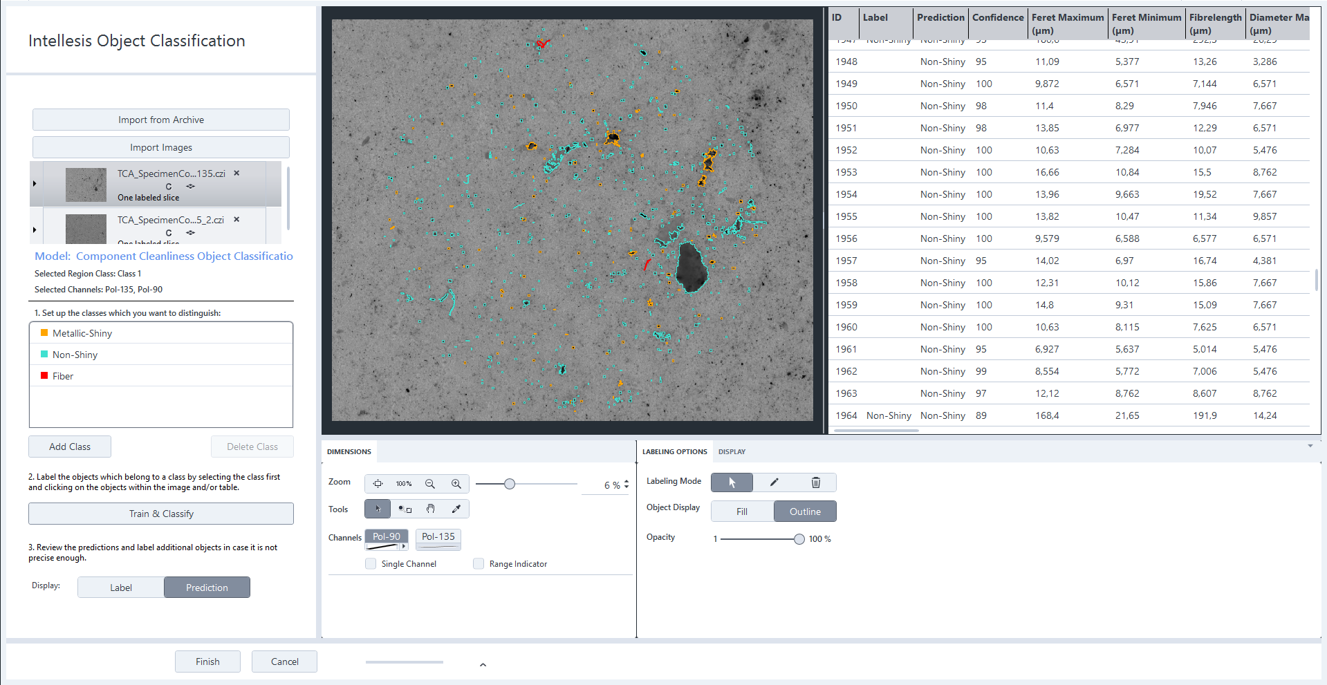 Intellesis interface with class list, central grayscale image marked with colored detections, and right ID prediction table