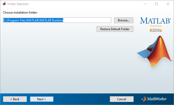 Folder Selection dialog showing installation path 'C:\Program Files\MATLAB\MATLAB Runtime' with Browse and Restore Default Folder buttons