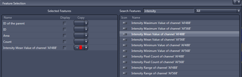 Feature Selection dialog showing Selected Features list with 'Intensity Mean Value of channel AF488' and Search Features list