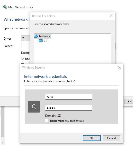 Windows Security 'Enter network credentials' dialog showing username Zeiss, obscured password and Domain: CZ.
