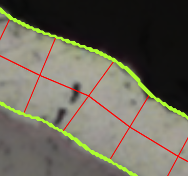 Light beige sample bordered by neon green wavy overlay with red grid of measurement chords on dark background