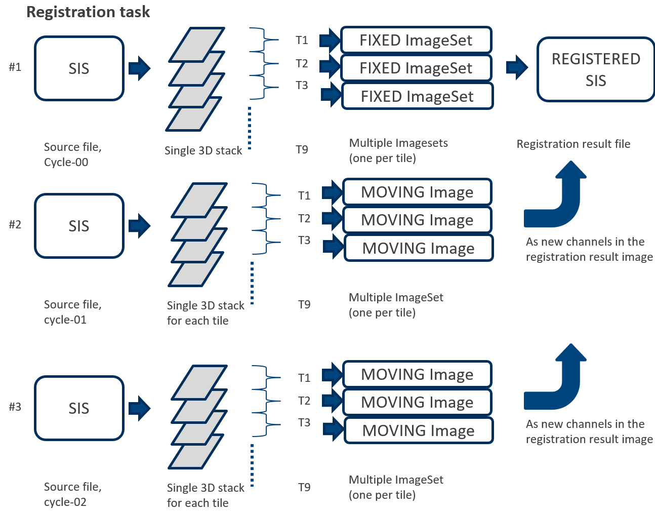 Registration task diagram: SIS single 3D stacks per tile produce FIXED ImageSet or MOVING Image sets and REGISTERED SIS