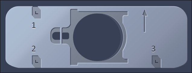 rectangular metal plate with central circular cutout, numbers 1, 2, 3, an upward arrow and small L labels