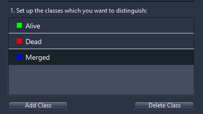 Intellesis Object Classification UI showing Model: toccelegans, classes Alive/Dead/Merged and green/red/blue outlined objects