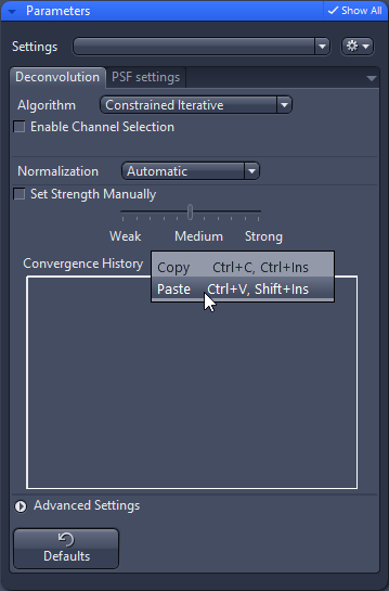 Parameters window showing Deconvolution: Constrained Iterative, Normalization Automatic, strength slider, Paste menu.