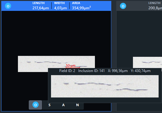 Gallery view of a long thin inclusion with red '50 µm' scale; info bar shows LENGTH 217,64µm WIDTH 4,07µm AREA 354,99µm²