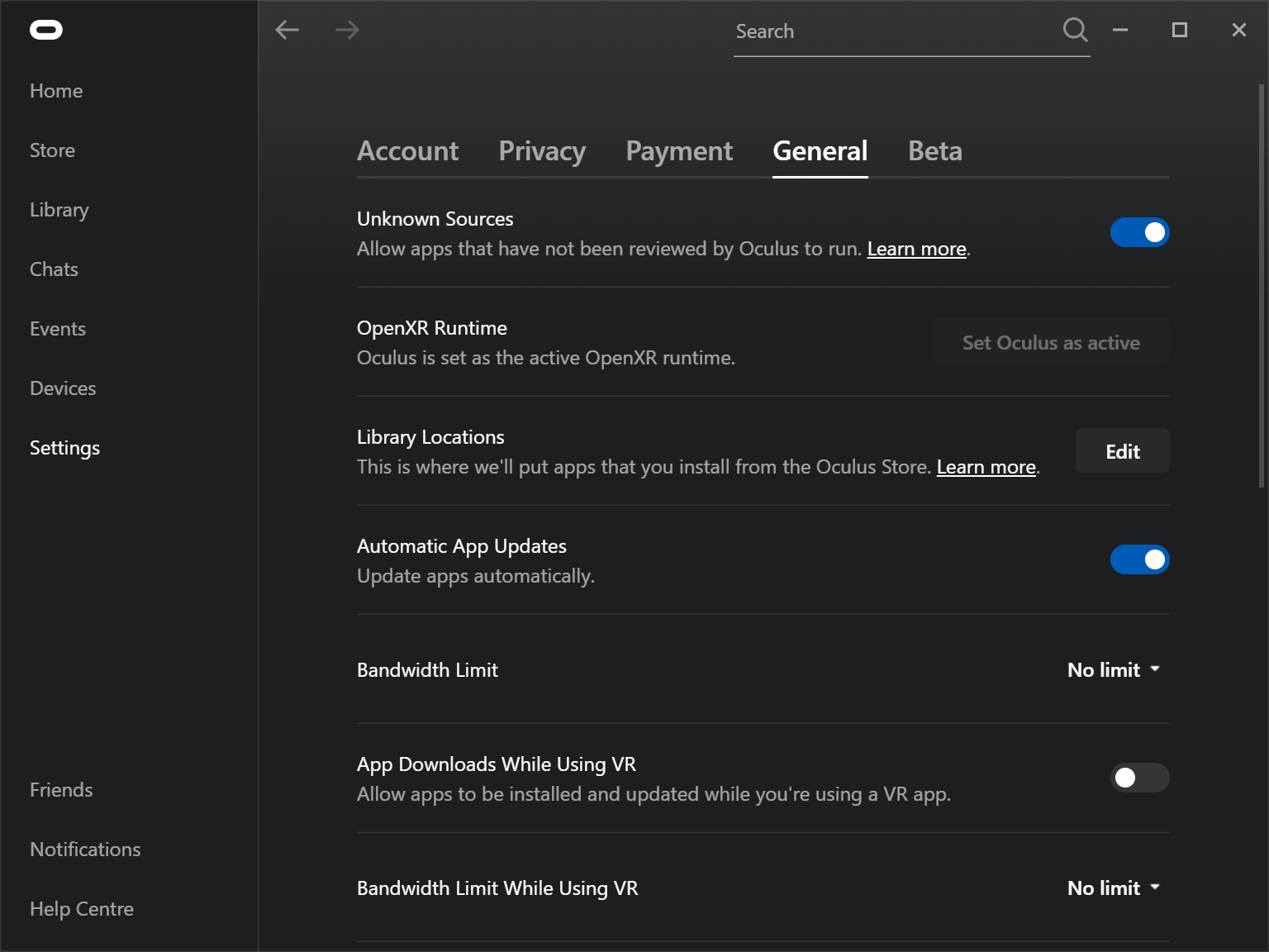 Oculus Settings window General tab showing Unknown Sources toggle on and Automatic App Updates toggle on