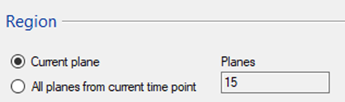 Region panel with 'Current plane' selected, 'All planes from current time point' unselected, Planes value 15