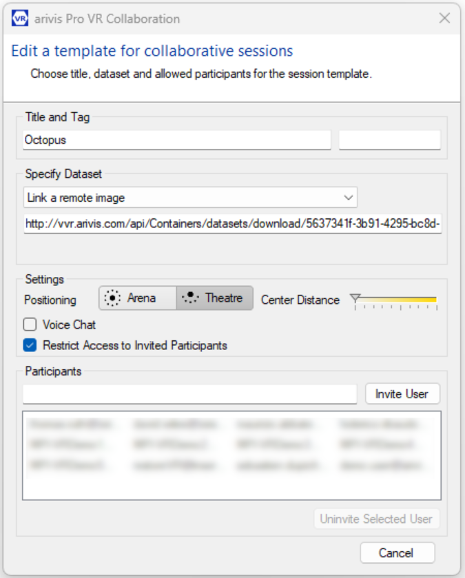 Dialog Edit a template for collaborative sessions with Title Octopus, dataset link, Theatre selected, Restrict Access checked.