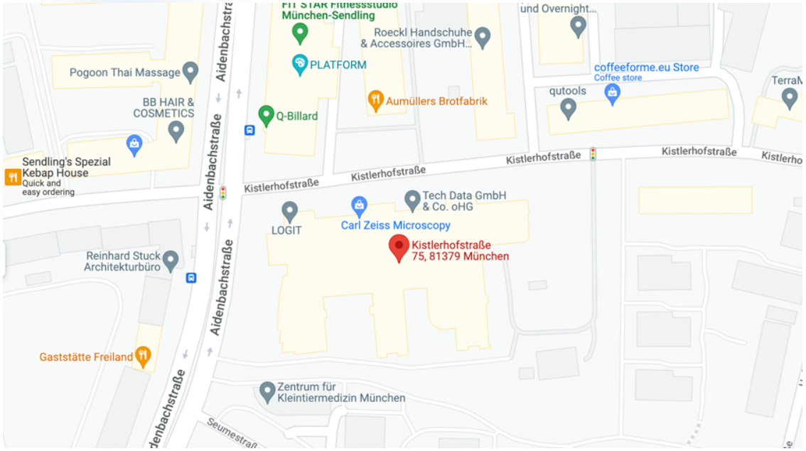Map showing a red pin at Kistlerhofstraße 75, 81379 München with nearby Aidenbachstraße and Carl Zeiss Microscopy labels
