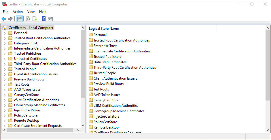 Certificates - Local Computer window showing certificate store folders like Personal and Trusted Root