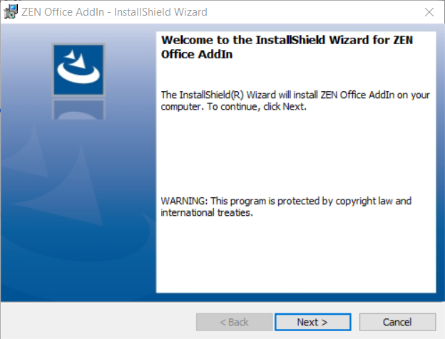InstallShield Welcome dialog for ZEN Office AddIn with Next and Cancel buttons
