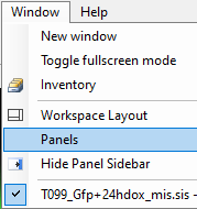 Window menu open showing Panels highlighted and T099_Gfp+24hdox_mis.sis checked