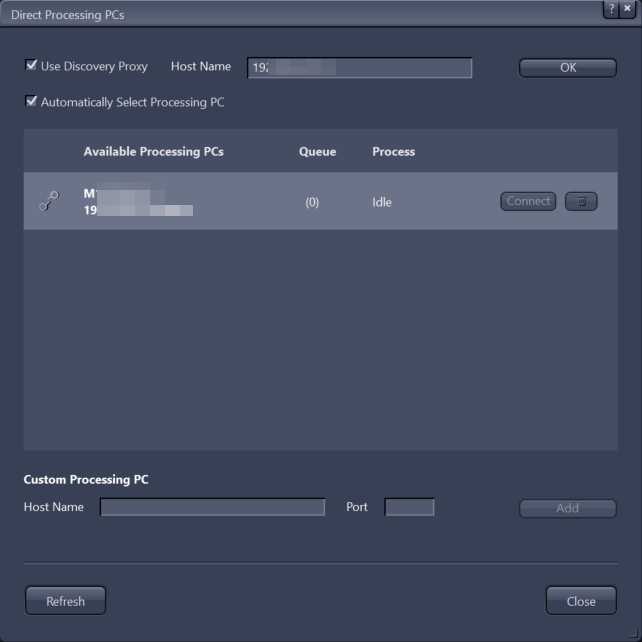 Direct Processing PCs dialog with 'Use Discovery Proxy' checked and an available processing PC listed as Idle with Connect button