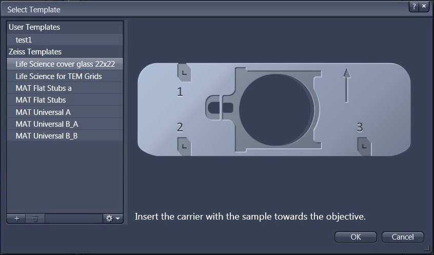 Dialog 'Select Template' with template list (highlighted 'Life Science cover glass 22x22') and sample holder illustration