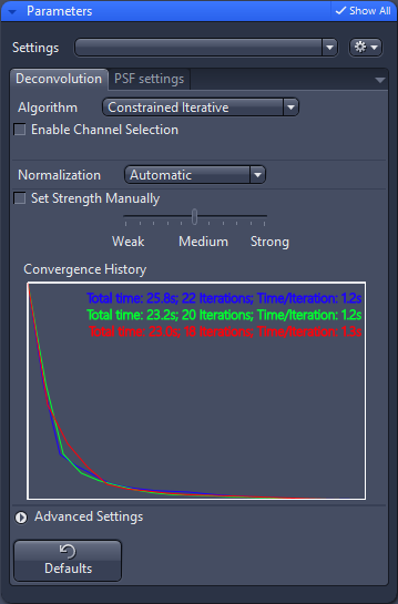Parameters panel: Deconvolution, Algorithm Constrained Iterative, Normalization Automatic, convergence chart