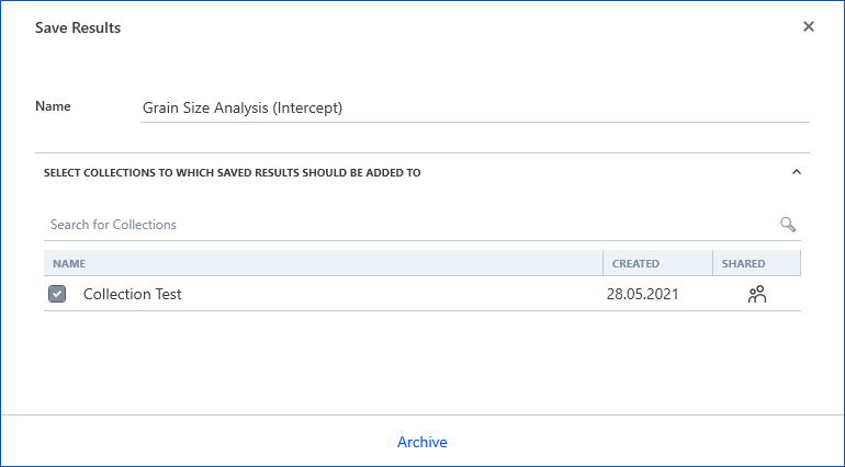 Save Results dialog showing Name "Grain Size Analysis (Intercept)", checked collection "Collection Test", Created 28.05.2021