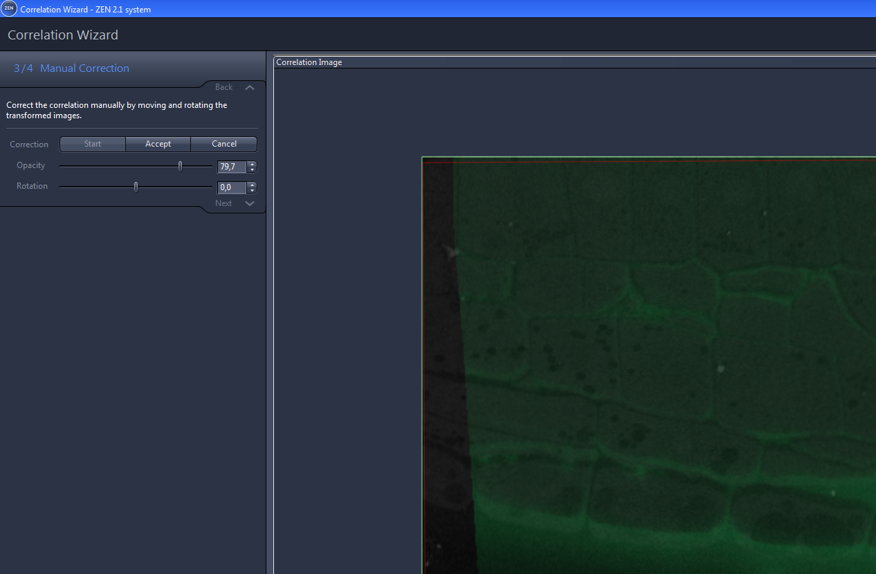 Correlation Wizard 3/4 Manual Correction screen with opacity and rotation sliders and green overlay preview on right