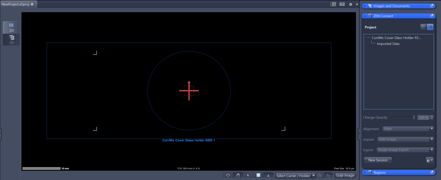 ZEN Connect UI: Image View with rectangle, circle and red crosshair; scale bar 10 mm; project tree CorrMic Cover Glass Holder