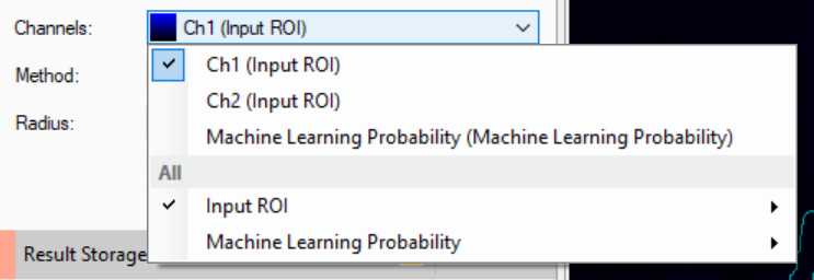 Dropdown showing Ch1 (Input ROI), Ch2 (Input ROI), and Machine Learning Probability (Machine Learning Probability)